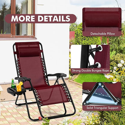 Giantex Zero Gravity Reclining Chair, Outdoor Patio Recliner with Cup Holder & Removable Pillow, Adjustable Backrest, Indoor Lounge Chair for Backyard, Garden, Poolside (Burgundy)