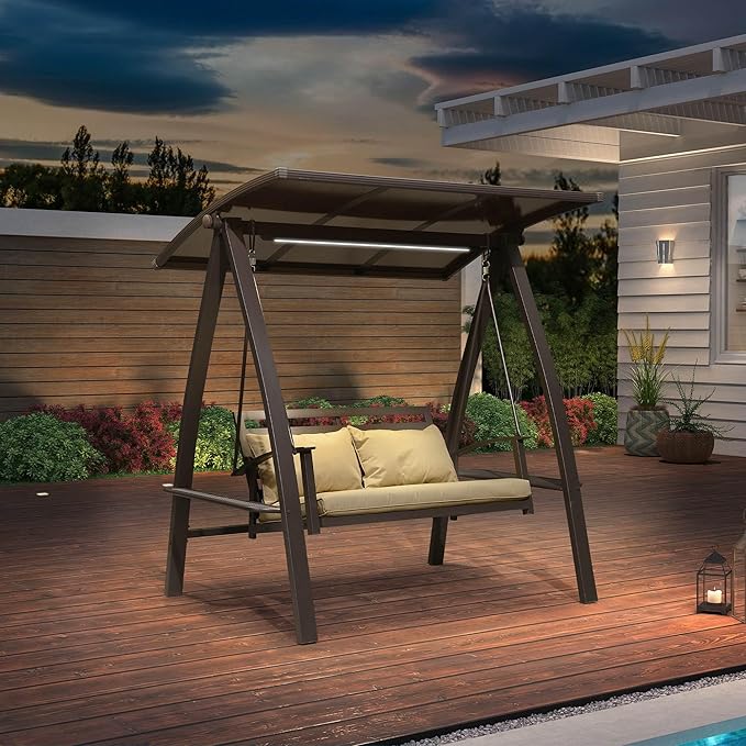 PURPLE LEAF 2-Seat Porch Swing with Adjustable PVC Canopy Metal Patio Bench Glider Swing Bed Outdoor Swing Chair with - Photo 3