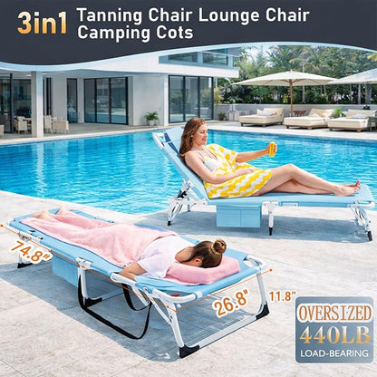 ABORON 4-in-1 Lounge Chair with Face & Arm Holes for Tanning, 440LB Heavy-Duty Folding Recliner with Plush Cotton Cushion, No Assembly Tri-Fold Guest Bed for Sunbathing, Poolside, Office Nap & Camping