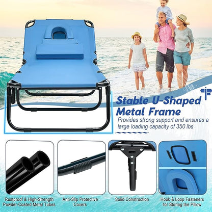 HAPPYGRILL Foldable Beach Chaise Lounge Chair with Face Hole & Detachable Pillows, Portable Sunbathing Tanning Chair with 5 Adjustable Positions, Outdoor & Indoor Recliner for Beach Camping Patio