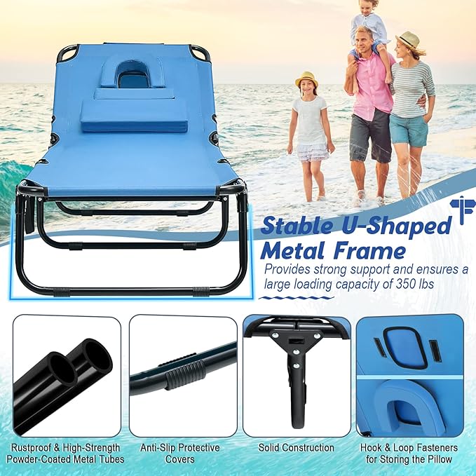 HAPPYGRILL 2PCS Foldable Beach Chaise Lounge Chair with Face Hole & Detachable Pillows - Photo 5