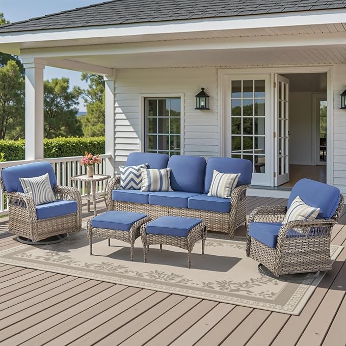 Wicker Patio Furniture Set, 6 Pieces Wicker Swivel Rocker Patio Chairs Outdoor 3 Seater Sofa with Ottomans Conversation - Photo 9