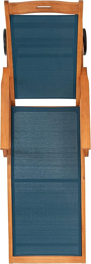 SAFAVIEH Outdoor Collection Kamson Natural Brown Solid Wood/Navy Fabric Adjustable Chaise Lounge Chair (PAT7071B) - Photo 6