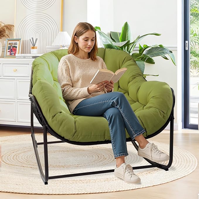 Papasan Rocking Chair Indoor & Outdoor, Oversized Egg-Shaped Papasan Rocker with Cushion & Pillow, All-Weather Wicker Patio Lounge Chair for Garden, Porch, Living Room (Green)