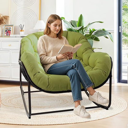 Papasan Rocking Chair Indoor & Outdoor, Oversized Egg-Shaped Papasan Rocker with Cushion & Pillow, All-Weather Wicker Patio Lounge Chair for Garden, Porch, Living Room (Green)