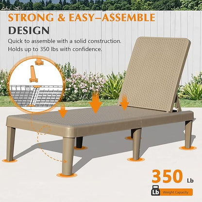 Domi Pool Lounge Chairs Set of 2, Outdoor Lounge Chairs with 6 Positions Backrest Adjustable, Resin Waterproof Chaise Lounge Outdoor for Poolside Patio Garden Deck