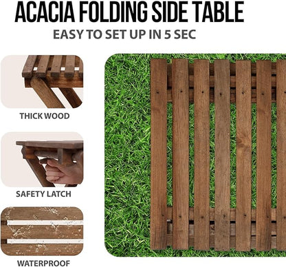 Pack of 2 Small Folding Table, Portable Acacia Wood Side Table for Patio, Pool, Balcony, Indoor and Outdoor, Walnut, 14 inches Height