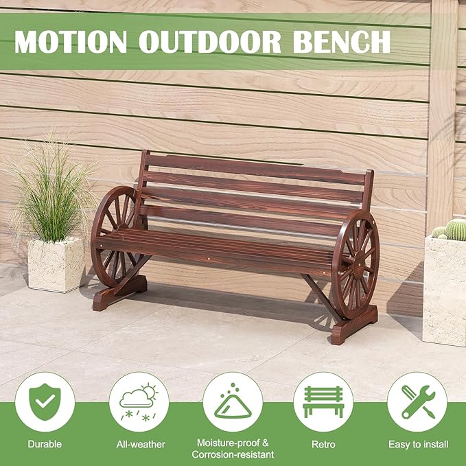 FIZZEEY Outdoor Bench - 52" Long Outside Garden Bench with Slatted Backrest & Wagon Wheel Armrests, Porch Furniture for Porch, Yard, Lawn, Rustic Brown