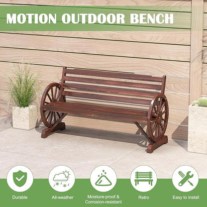 FIZZEEY Outdoor Bench - 52" Long Outside Garden Bench with Slatted Backrest & Wagon Wheel Armrests, Porch Furniture for Porch, Yard, Lawn, Rustic Brown