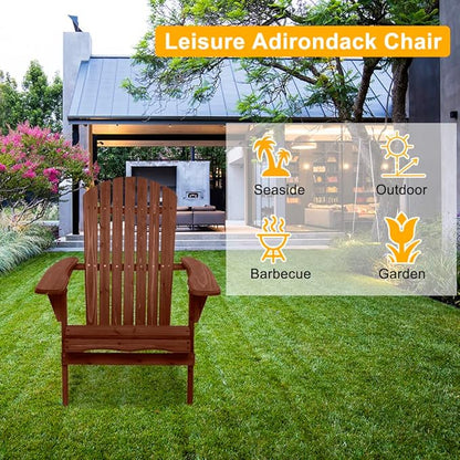 Outvita Wood Adirondack Chair, Folding Wooden Lounge Seating, All Weather Outdoor Furniture Chair with Armrest for Garden Fire Pit Yard Beach, 350 LB Support - Carbonized