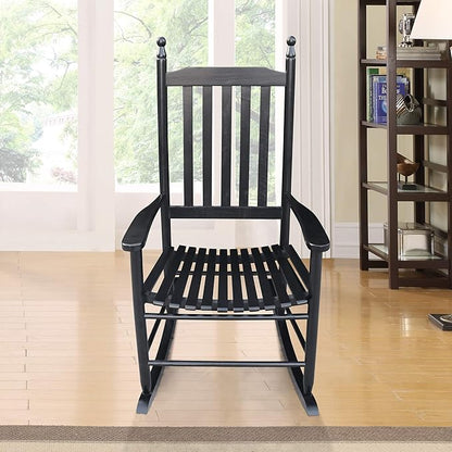 Wood Rocking Chair with High Back and Armrest for Indoor Outdoor Use, Wooden Frame Patio Porch Rocking Chair with Rocker, Front Porch Chairs for Deck Garden Lawn Balcony Backyard, Black