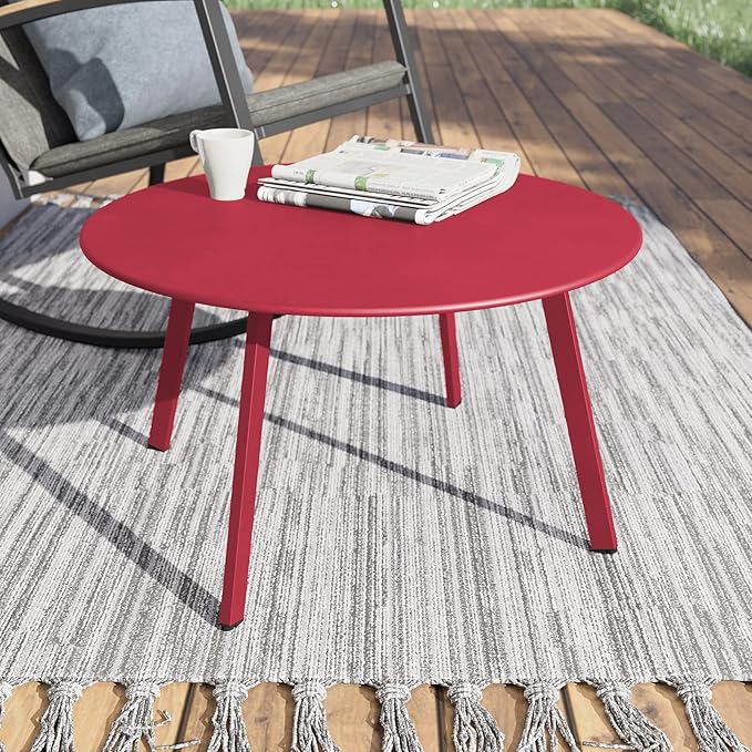Grand patio Outdoor Side Table, 28-inch Powder Coated Steel Round Coffee Table for Porch, Deck, Balcony, Poolside, Dark Red