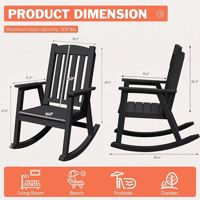 Flamaker Outdoor Rocking Chairs, PP Material Patio Rocking Chairs All Weather Resistant, Heavy Duty Rockers with High Back for Patio Backyard Porch (Black)