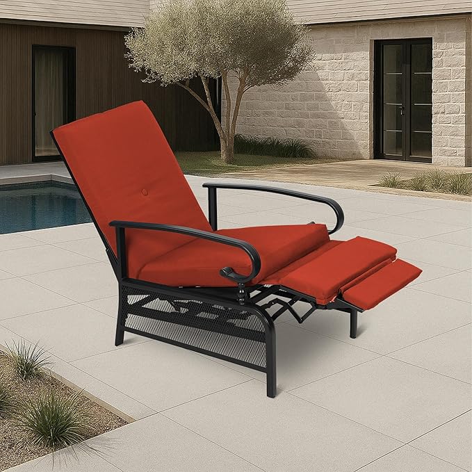Incbruce Outdoor Lounge Chair Patio Furniture Adjustable Recliner with Retractable Steel Frame and Removable Thick Cushions - Red