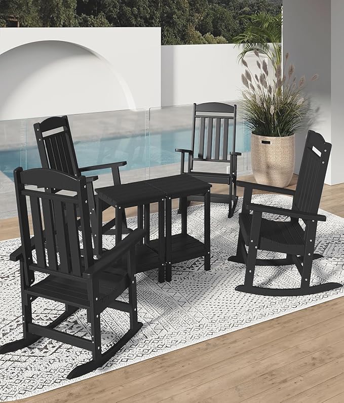 FOOWIN Outdoor Rocking Chair Set of 4,High Back Patio Rocking Chair, HDPE All Weather Resistant Porch Rocker for Adult, Oversized Rocking Chairs for Garden, Lawn, Indoor & Outdoor Use, Black