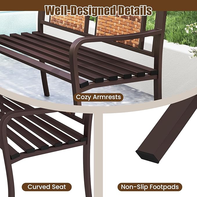 Tangkula Patio Garden Bench with Wicker Backrest, Outdoor Park Bench Chair with Powder Coated Steel Frame, Bench Loveseat for Outdoor Garden, Backyard, Lawn, Porch, Path, Deck