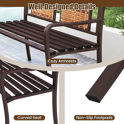 Tangkula Patio Garden Bench with Wicker Backrest, Outdoor Park Bench Chair with Powder Coated Steel Frame, Bench Loveseat for Outdoor Garden, Backyard, Lawn, Porch, Path, Deck