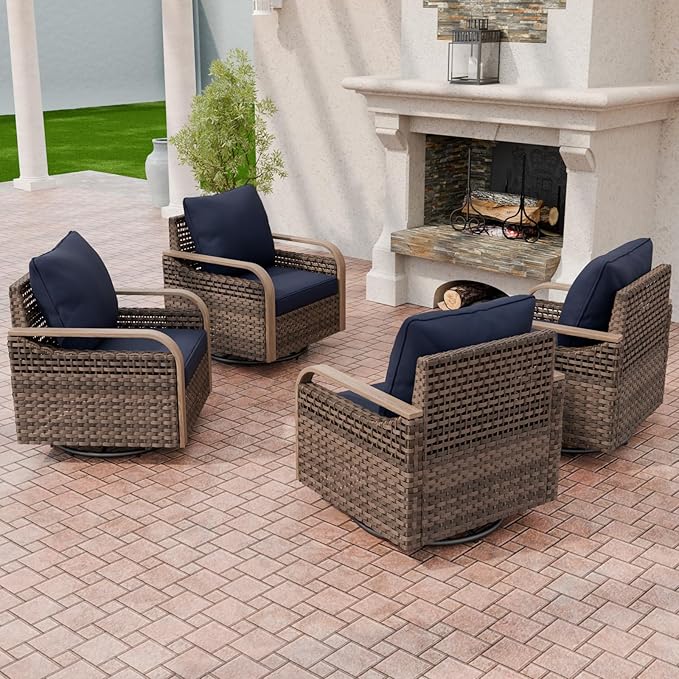Modern Wicker Outdoor Swivel Rocking Chairs, Rattan Glider Rocker Chairs Patio Armchairs for Backyard, Deck, Porch, Garden, 4 Pieces, Brown/Blue