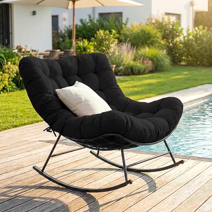 Cushioned Papasan Rocking Chair for Outdoor Indoor, Oversized Outdoor Rocking Chair with Cushion, Egg Rocker for Patio, Porch, Balcony, Lawn, Bedroom, Living Room, Black