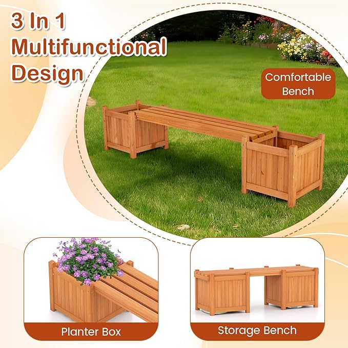 2-in-1 Outdoor Planter Box with Bench, Outdoor Bench with 2 Raised Garden Beds, Open-Ended Base Planter Box, Teak Oil Finish Wood Seat, Garden Bench Seat for Porch Balcony Lawn Yard