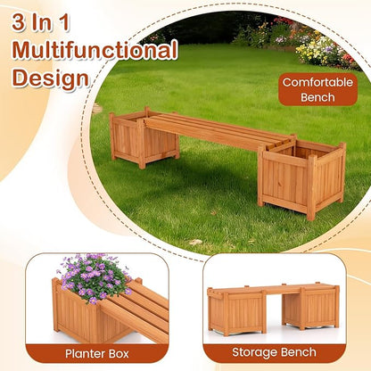 2-in-1 Outdoor Planter Box with Bench, Outdoor Bench with 2 Raised Garden Beds, Open-Ended Base Planter Box, Teak Oil Finish Wood Seat, Garden Bench Seat for Porch Balcony Lawn Yard