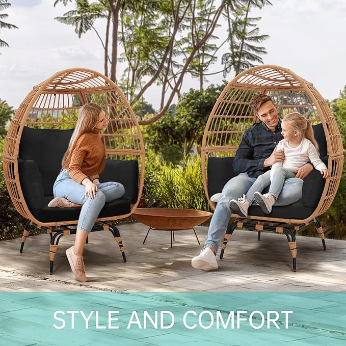 Oversized 360° Swivel Rattan Egg Chair for Adult, Indoor Outdoor Patio Large Wicker Egg Chair with Overstuffed Cushions, 440lb Weight Capacity, Natural Rattan with Black Cushion