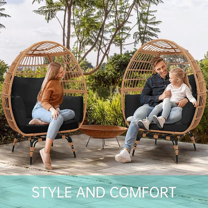 Oversized 360° Swivel Rattan Egg Chair for Adult, Indoor Outdoor Patio Large Wicker Egg Chair with Overstuffed Cushions, 440lb Weight Capacity, Natural Rattan with Black Cushion