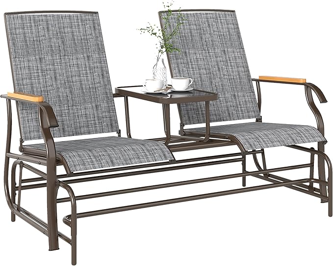 Outsunny 2 Person Outdoor Glider Bench, Patio Swing Glider Chair Loveseat with Breathable Mesh, Table - Photo 1