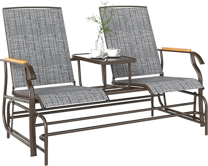 Outsunny 2 Person Outdoor Glider Bench, Patio Swing Glider Chair Loveseat with Breathable Mesh, Table, Steel Frame for Garden, Backyard, Porch, Gray