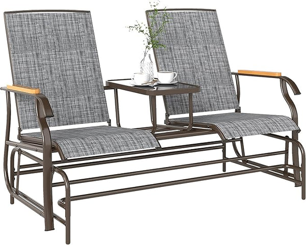 Outsunny 2 Person Outdoor Glider Bench, Patio Swing Glider Chair Loveseat with Breathable Mesh, Table - Photo 1