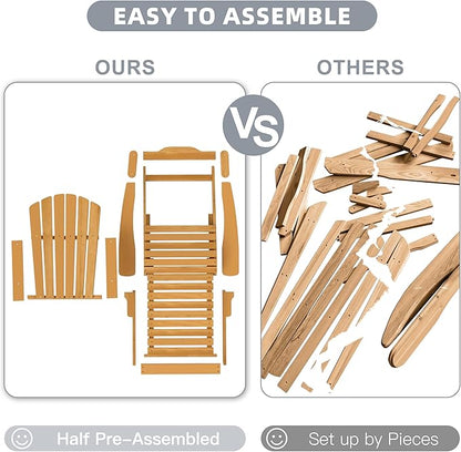 Oversized Wooden Folding Adirondack Chair with Ottoman, Pre-Assembled Backrest and Seat Board, Lounge Chair for Outdoor Patio Garden Lawn Backyard Firepit Deck Pool Beach
