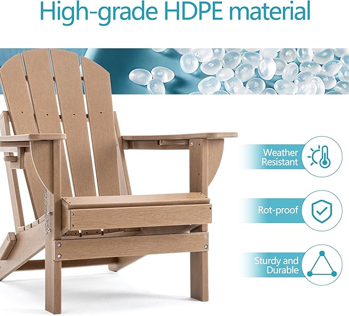 Folding Outdoor Adirondack Chairs Set of 1 with HDPE Side Tables-Plastic Weather Resistant Patio Chairs with Small Outdoor Side Tables 2 Storage for Patio,Fire Pit, Garden and Backyard