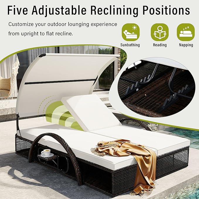 Outdoor Double Chaise Lounge with Adjustable Backrest and Sun Canopy - Photo 4