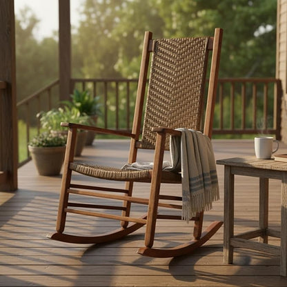 Shine Company Hampton Porch Rocker, High Back Wood Rocking Chair, Rattan Backrest & Seat, Oak