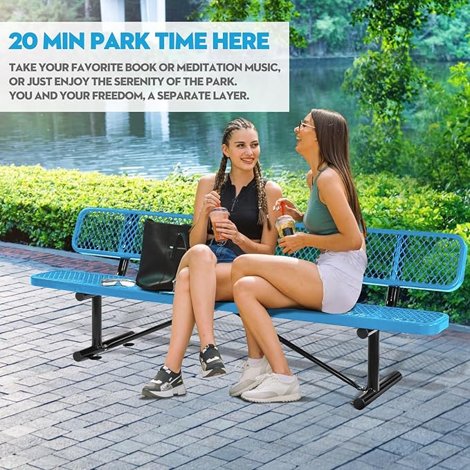Heavy Duty Metal Park Bench for Outside, Outdoor Garden Benches with Backrest & Portable Frame, Expanded Metal Mesh Bench for Shopping Malls, Lawn, Park, Deck, Patio, Porch (Blue, 8FT/96INCH)