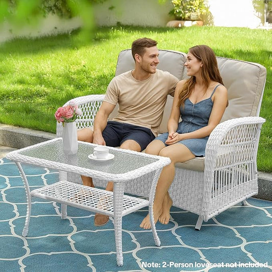 VIVIJASON Outdoor Wicker Coffee Table, All-Weather Rattan Patio Coffee Table with 2-Tier Storage, Tempered Glass Top Rectangle Center Table for Deck, Garden, Balcony, Porch, Indoor or Outdoor Use