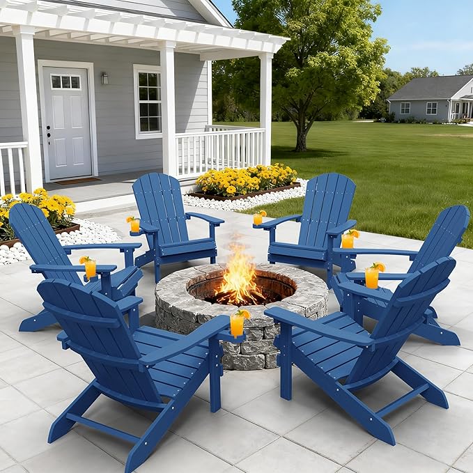 YEFU Adirondack Chairs with Cup Holders: Set of 6 Fire Pit Chairs Plastic with Wood Texture - Sturdy All-Weather HIPS for Patio Backyard Lawn - Easy Assembly Outdoor Furniture(Navy)
