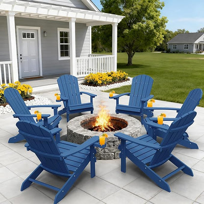 YEFU Adirondack Chairs with Cup Holders: Set of 6 Fire Pit Chairs Plastic with Wood Texture - Sturdy All-Weather HIPS for Patio Backyard Lawn - Easy Assembly Outdoor Furniture(Navy)