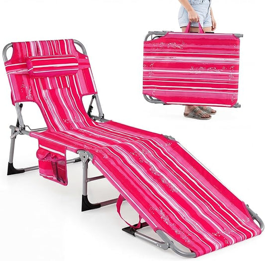 GYMAX Tanning Chair with Face Hole, Sun Bathing Lounge Chairs for Outside with Side Pocket, Folding Portable Face Down Layout Tanning Chair Beach, Backyard, Poolside, Lawn (Pink Stripe,1)