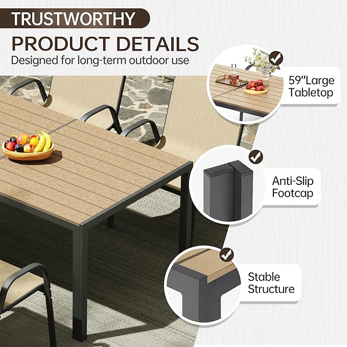 PIZZELLO Patio Dining Table for 6, 59" Rectangular Outdoor Patio Tables with Wood-Like Slat Top, All Weather Metal Outdoor Dining Table for Lawn Backyard Garden, Khaki