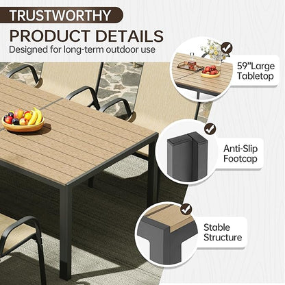 PIZZELLO Patio Dining Table for 6, 59" Rectangular Outdoor Patio Tables with Wood-Like Slat Top, All Weather Metal Outdoor Dining Table for Lawn Backyard Garden, Khaki