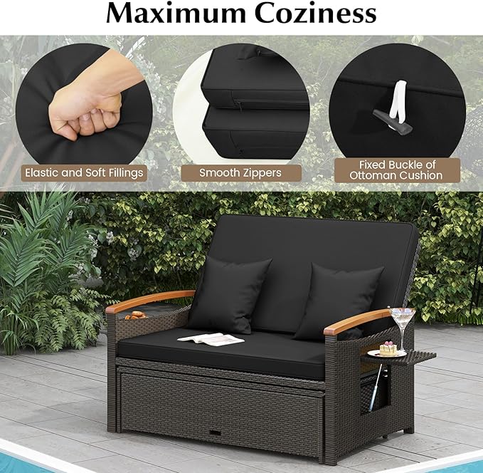 LDAILY Moccha Outdoor Wicker Daybed, Patio Rattan Loveseat Sofa w/ 4-Level Adjustable Backrest, Folding Panels, Storage Ottoman & Cushions, Lounge Furniture Set for Poolside Backyard Porch (Black)