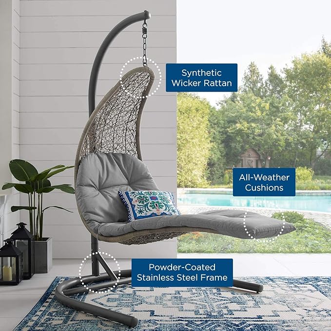 Modway Landscape Wicker Rattan Outdoor Patio Porch Chaise Lounge Hanging Swing Chair Set with Stand in Light Gray Gray