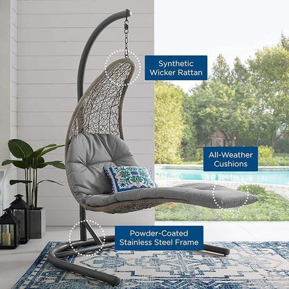 Modway Landscape Wicker Rattan Outdoor Patio Porch Chaise Lounge Hanging Swing Chair Set with Stand in Light Gray Gray