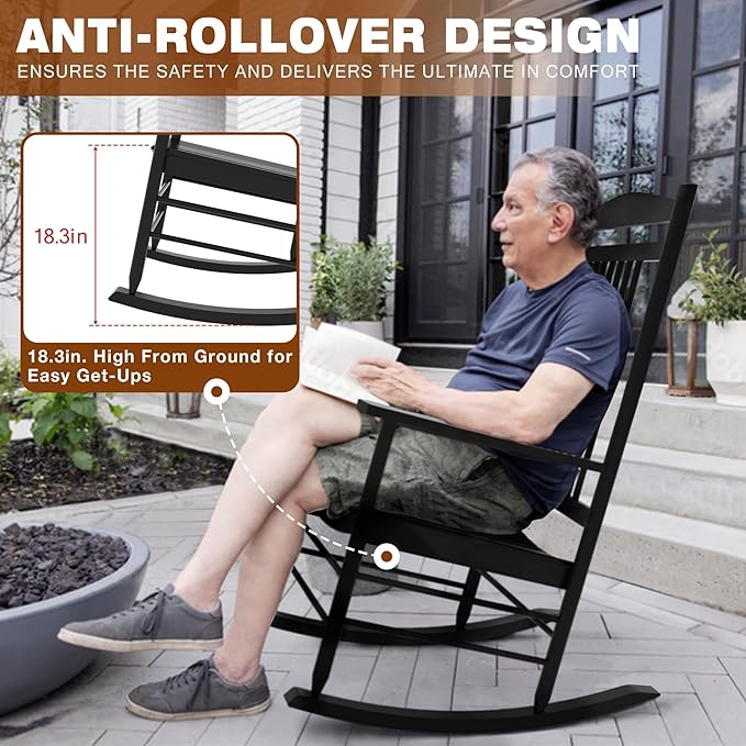 MUPATER Outdoor Rocking Chair Sets 3-Piece, Bistro Table and Chairs Set of 2,Patio Wooden Rocker Bistro Set with Foldable Table and Curved Seat,Black