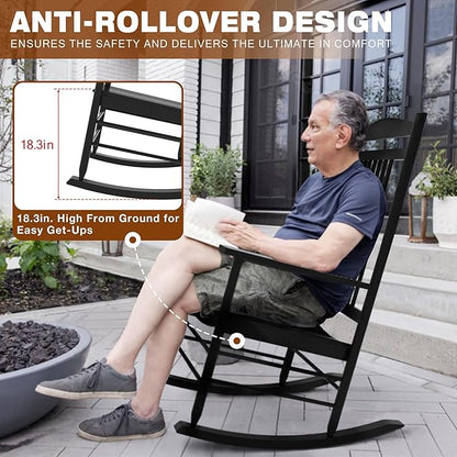 MUPATER Outdoor Rocking Chair Sets 3-Piece, Bistro Table and Chairs Set of 2,Patio Wooden Rocker Bistro Set with Foldable Table and Curved Seat,Black