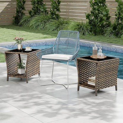 Outdoor Wicker Side Table, Set of 2 Rattan Side Tables End Table for Patio with Glass Top Rattan Storage for Patio Garden Balcony
