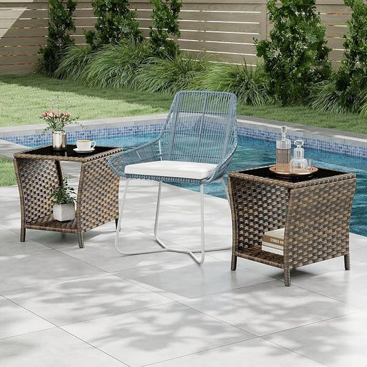 Outdoor Wicker Side Table, Set of 2 Rattan Side Tables End Table for Patio with Glass Top Rattan Storage for Patio Garden Balcony