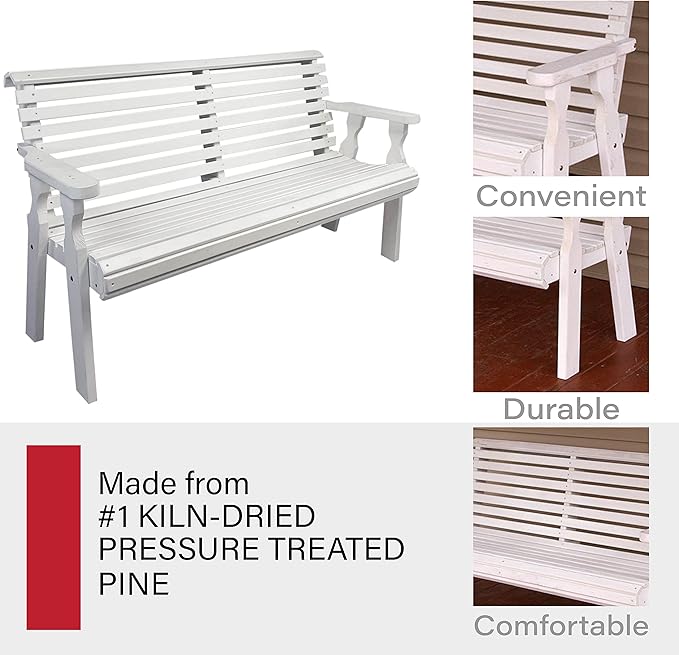 Amish Casual Heavy Duty 5 Foot Roll Back Outdoor Bench in White Stain - Amish Made in The USA from Treated Pine for Outdoor Durability, 700 Lb Weight Capacity