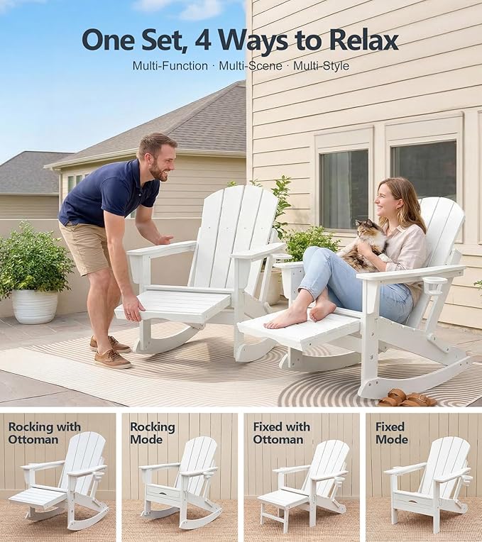 PASAMIC Adirondack Rocking Chairs Set of 2, Foldable All-Weather HDPE Patio Rockers with Retractable Ottoman & Cup Holder, Outdoor Chairs for Porch Backyard Pool Garden Balcony, White